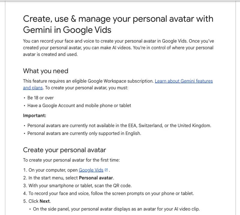 Google’s help page for creating a personal avatar in Vids