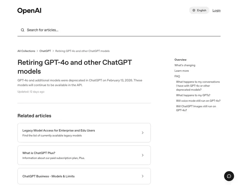 OpenAI Help Center page titled “Retiring GPT-4o and other ChatGPT models,” noting models are deprecated in ChatGPT but stay available in the API