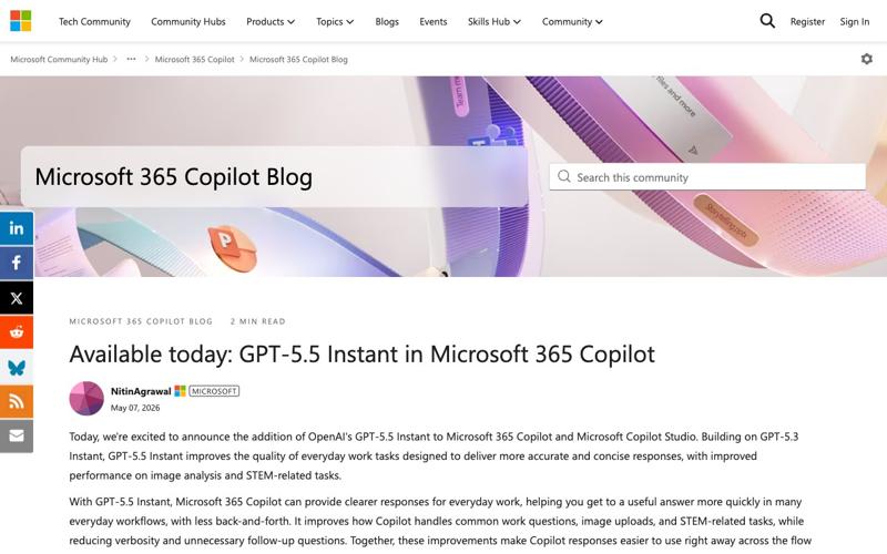 Microsoft Tech Community announcement: ‘Available today: GPT-5.5 Instant in Microsoft 365 Copilot’
