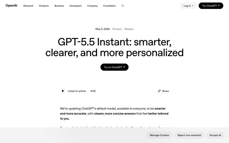 OpenAI’s GPT-5.5 Instant announcement page showing the hallucination, STEM, and conciseness gains