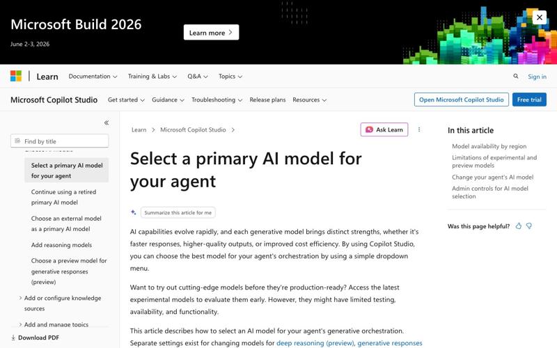 Microsoft Learn documentation: ‘Select a primary AI model for your agent’ in Copilot Studio