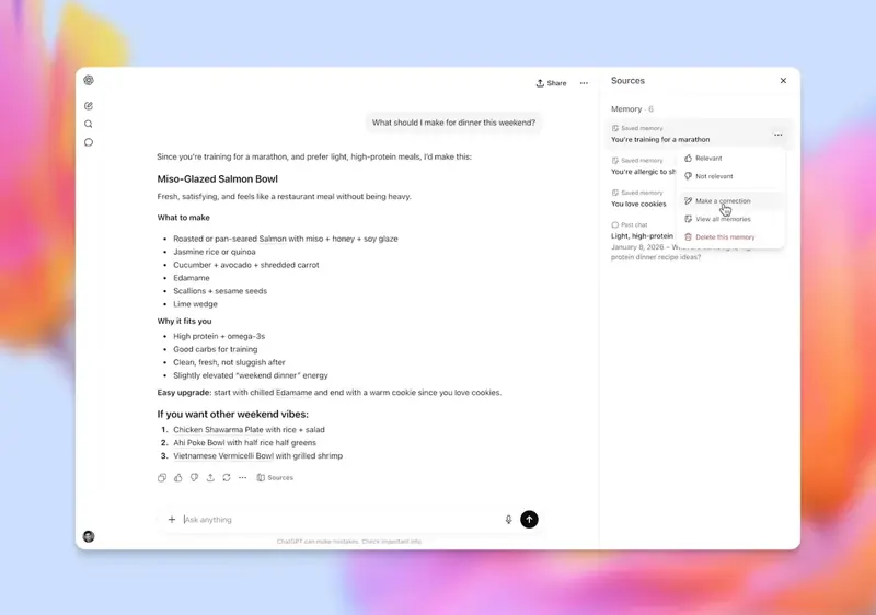 Le nouveau panneau Memory Sources de ChatGPT montre une partie — pas la totalité — du contexte utilisé