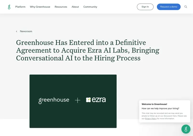 Greenhouse’s May 5 newsroom announcement of the definitive agreement to acquire Ezra AI Labs — the headline that brings voice-AI interviewing into the most-used mid-market ATS in North America