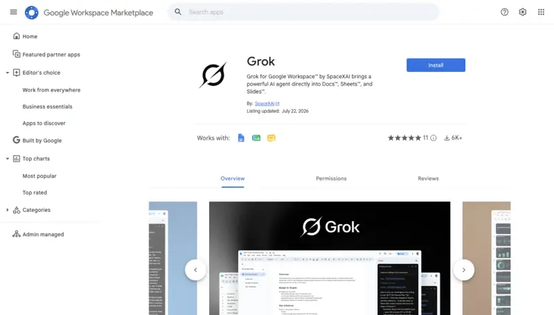 The Grok listing on the Google Workspace Marketplace — free install, works with Docs, Sheets, and Slides
