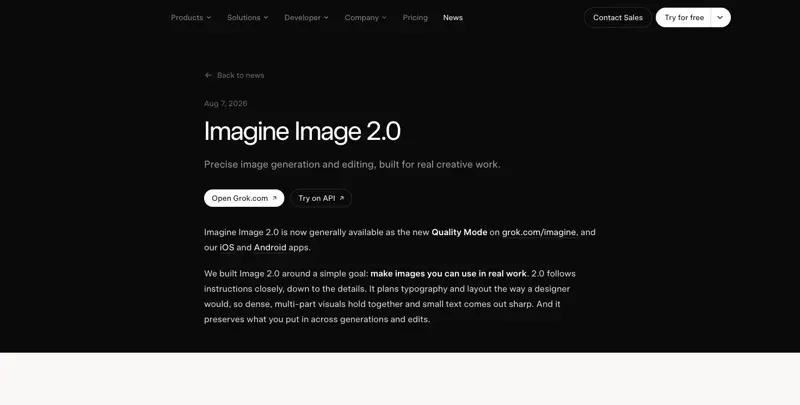 xAI’s official Imagine Image 2.0 announcement: “Precise image generation and editing, built for real creative work,” now the default Quality Mode on grok.com/imagine