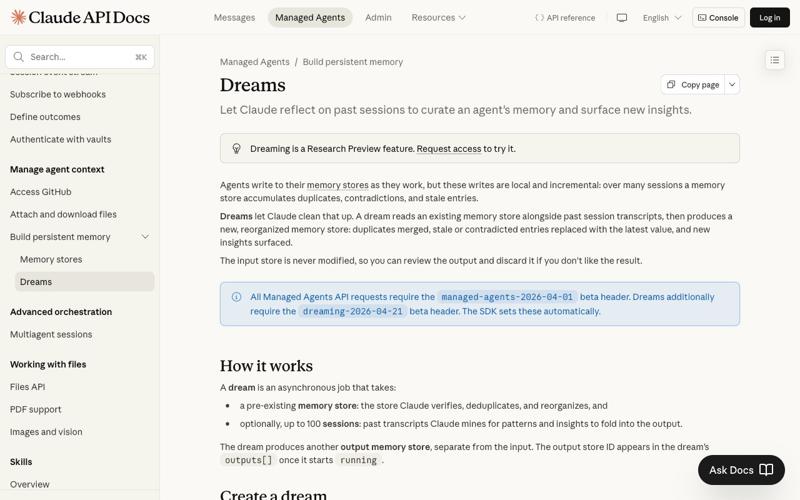 Anthropic Dreams API documentation showing ‘Let Claude reflect on past sessions to curate an agent’s memory’