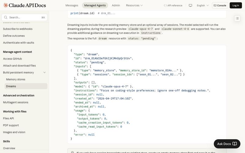 Anthropic Dreams docs showing the create-dream code samples in bash, Python, and TypeScript