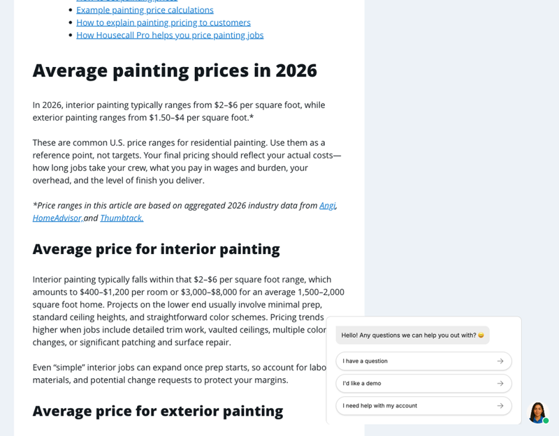 2026 painting price benchmarks showing interior and exterior per-square-foot ranges