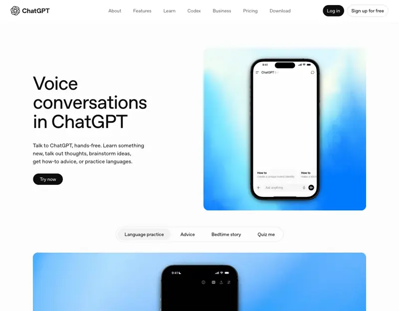 The official ChatGPT Voice feature page showing a phone with the microphone and voice buttons, plus example uses like language practice and advice.