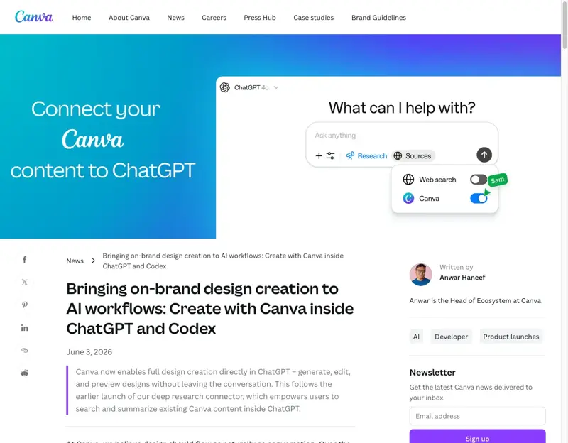 Anúncio oficial do Canva sobre a criação completa de designs dentro do ChatGPT, na newsroom da empresa