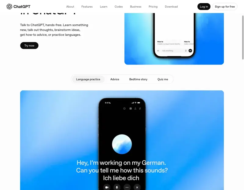 ChatGPT’s Voice Mode feature page, which powers real-time spoken language practice