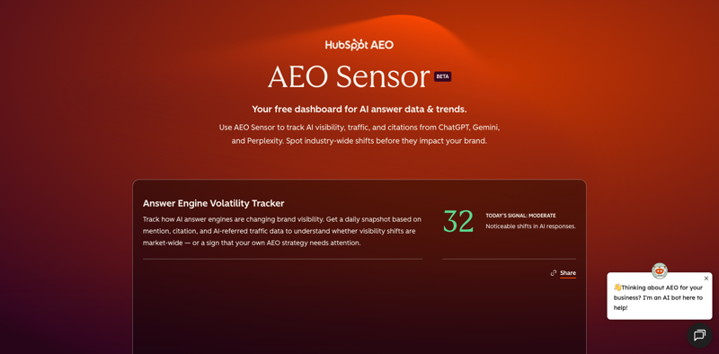 HubSpot AEO Sensor dashboard hero — Volatility score, AI-Referred Traffic Trends, and Visibility Benchmarks by Industry on a single page
