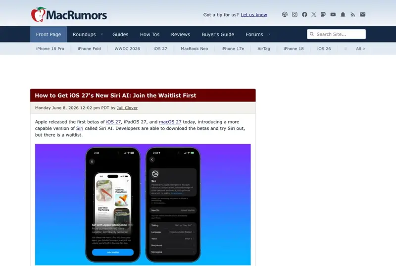 MacRumors’ walkthrough of the iOS 27 beta and the new Siri AI waitlist, showing the setup screens