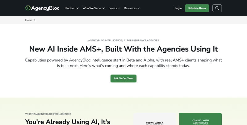 AgencyBloc’s product page describing AgencyBloc Intelligence, AI features being rolled out inside its AMS+ agency management system, built with input from client agencies