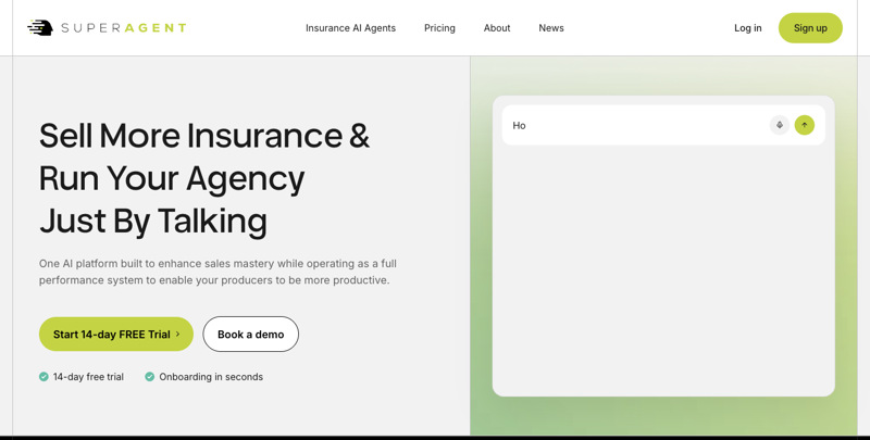 SUPERAGENT’s homepage, an AI platform pitched as letting agencies “sell more insurance and run your agency just by talking”