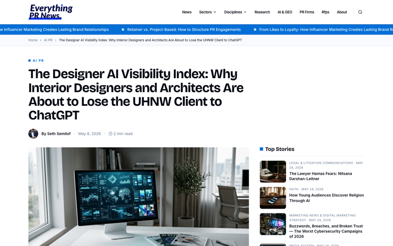 The Designer AI Visibility Index coverage in Everything-PR — the public summary of the 5W methodology, including the firms that scored highest and the structural reasons why