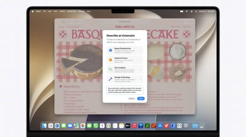 Safari’s Describe an Extension dialog with template categories and a typed request to save and track cooking recipes from around the web