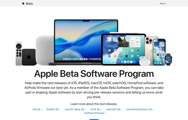 The Apple Beta Software Program page, where anyone with an Apple ID can sign up to install beta versions of iOS.