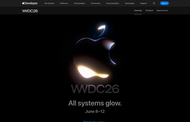 Apple’s official WWDC26 page: “All systems glow,” June 8–12. The keynote on Monday, June 8 is when iOS 27 is revealed.