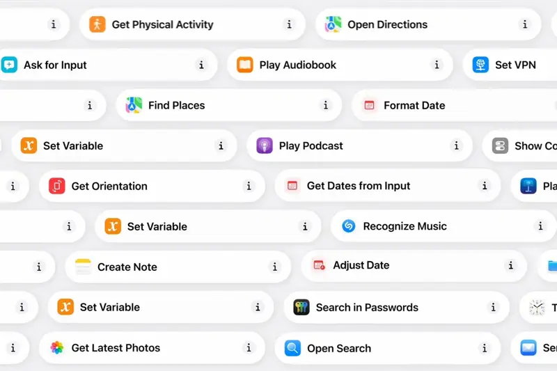 The classic, pre-iOS 27 Shortcuts action browser — a scrollable grid of individually named building blocks like “Get Physical Activity,” “Set Variable,” and “Recognize Music” that agents had to search through and wire together by hand