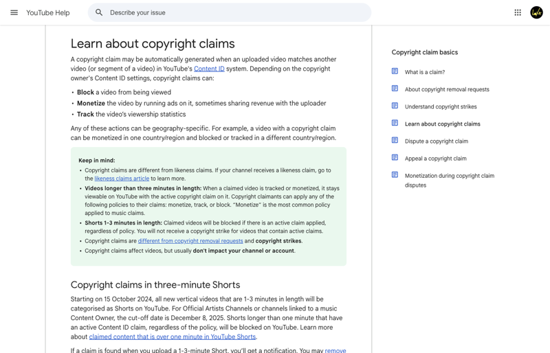 YouTube’s official help page explaining how copyright claims work, including monetize/track/block outcomes