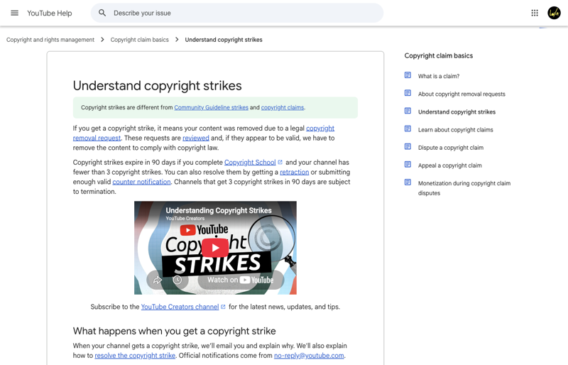 YouTube’s official help page explaining how copyright strikes work, expiration, and channel termination after three strikes
