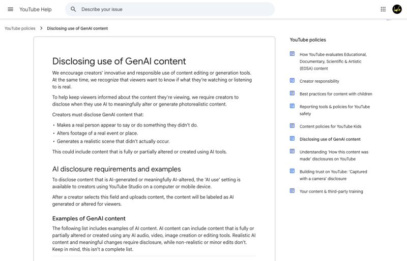 YouTube’s official help page on disclosing AI-generated or meaningfully AI-altered content