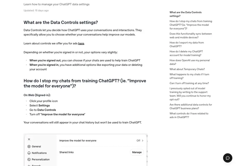 OpenAI’s Data Controls help page, explaining the “Improve the model for everyone” setting and how deleted chats are handled