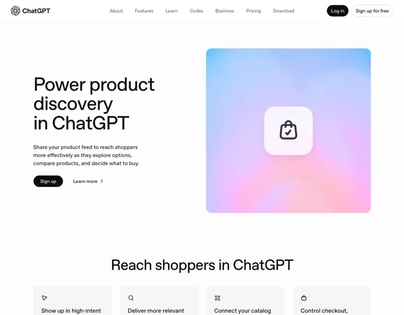 La página de comerciantes de OpenAI, donde cualquier vendedor puede enviar un feed de productos para que lo descubran en ChatGPT.