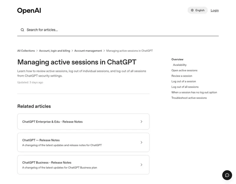 The ChatGPT Active Sessions panel under Settings, listing signed-in devices with location and sign-in time