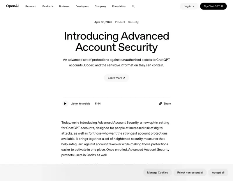 OpenAI’s Advanced Account Security enrollment page, showing passkey and hardware-key options