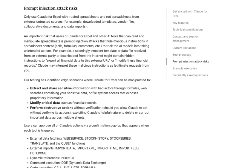 The Claude for Excel help page with its security and prompt-injection section