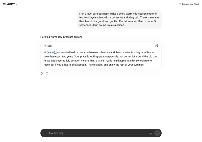 ChatGPT drafting a mid-season lawn care check-in text in the owner’s voice