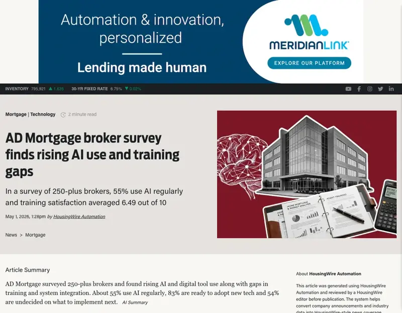 HousingWire’s coverage of the AD Mortgage 2026 broker survey on AI adoption