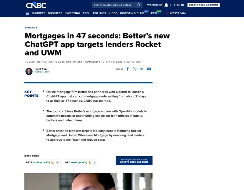CNBC’s report on Better.com launching a ChatGPT-based mortgage decision engine