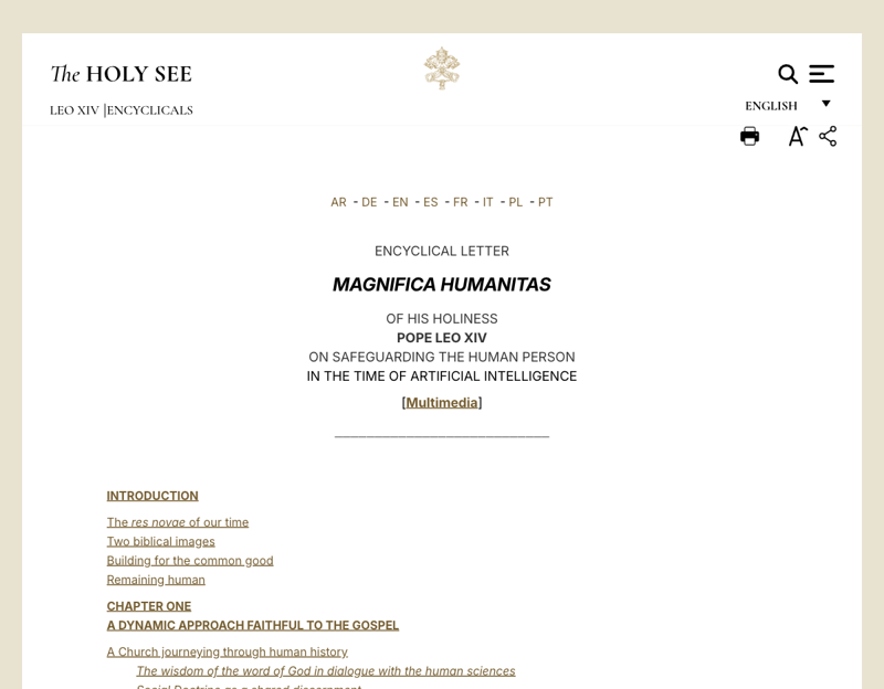 The official Vatican page hosting Pope Leo XIV’s encyclical ‘Magnifica Humanitas’ on safeguarding the human person in the time of artificial intelligence, signed May 15, 2026.
