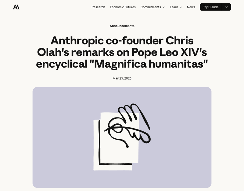 Anthropic’s official publication of co-founder Chris Olah’s remarks delivered at the Vatican on May 25, 2026, alongside Pope Leo XIV.