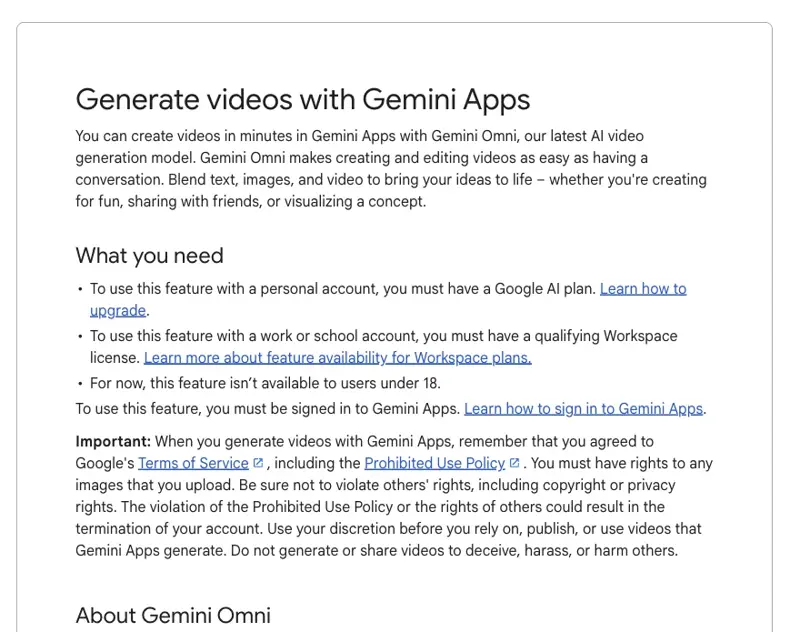 Google’s official requirements for Gemini video generation