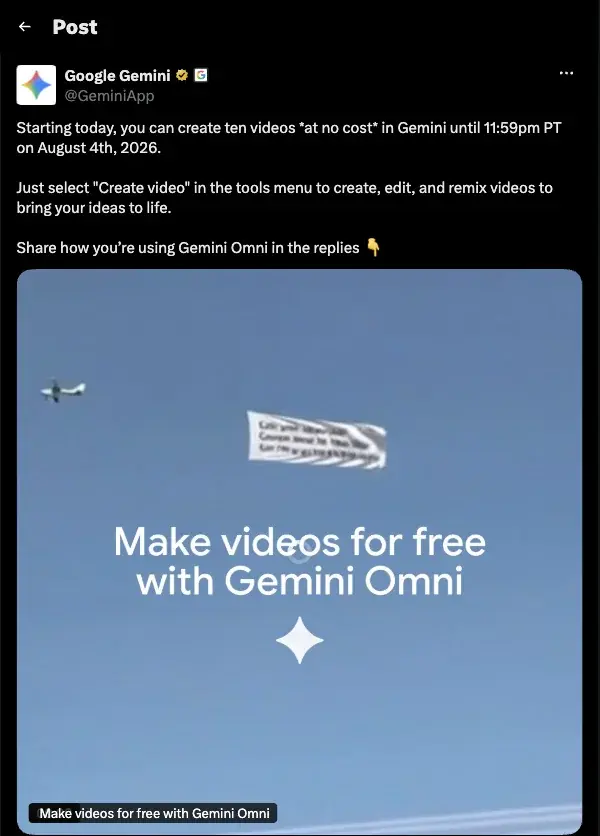 Google’s official announcement of the free Gemini video promo