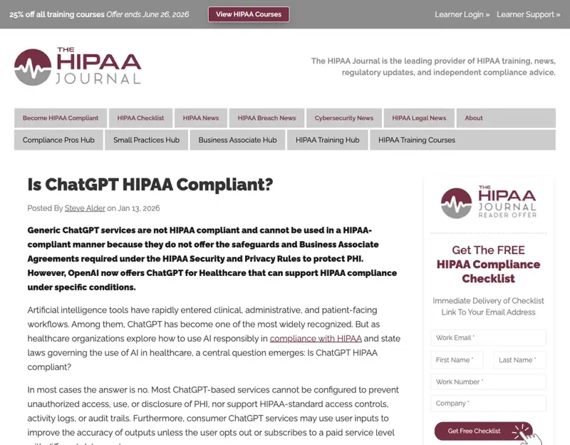 HIPAA Journal confirms standard ChatGPT services are not HIPAA compliant — keep all client health information out.