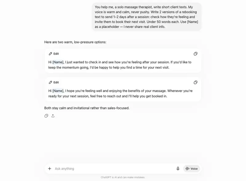 ChatGPT drafting two warm, low-pressure rebooking texts using a [Name] placeholder — no client details required.