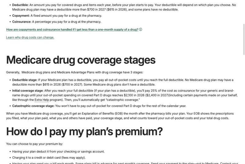 Medicare.gov’s page on Medicare drug coverage costs, with the deductible limit of $700 in 2027 versus $615 in 2026, and the out-of-pocket threshold of $2,400 in 2027 versus $2,100 in 2026