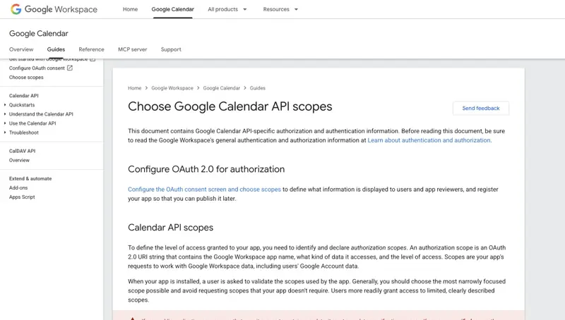 Google’s official developer documentation listing Google Calendar API OAuth scopes, from read-only to full read/write/delete access