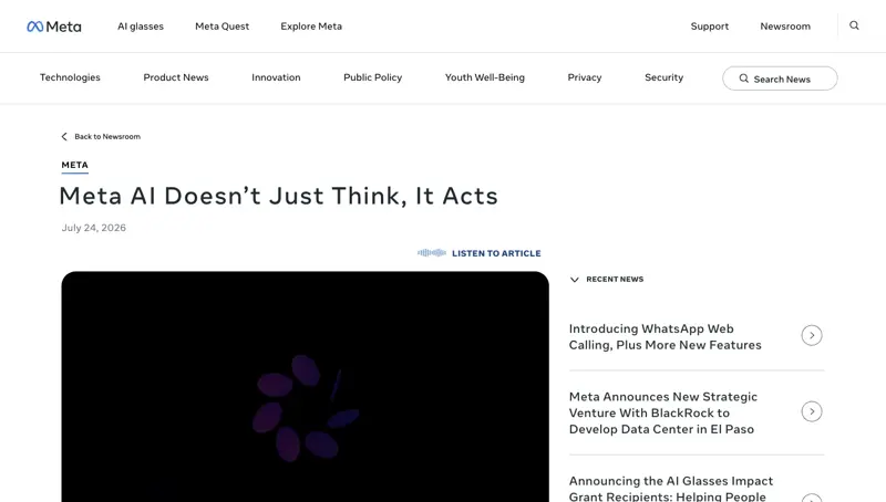 Meta’s official newsroom announcement of the agentic Meta AI features, dated July 24, 2026