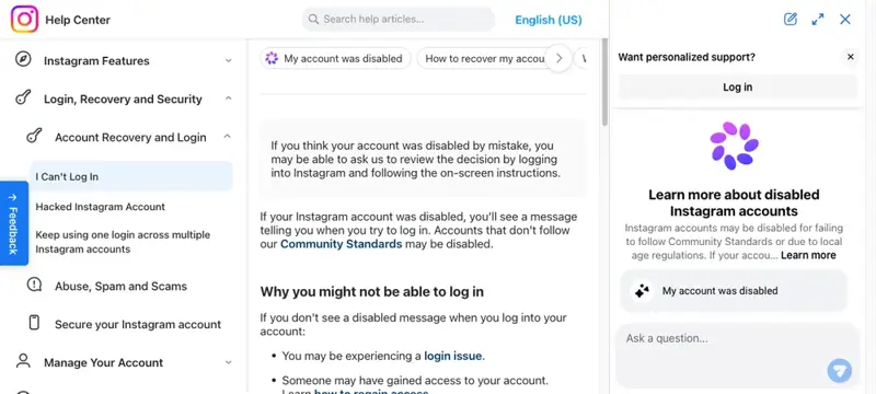 Die offizielle Instagram-Hilfeseite für ein gesperrtes Konto mit dem kostenlosen Widerspruch