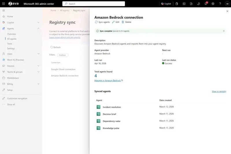Centre d’administration Microsoft 365 : page Registry sync avec connexion réussie à Amazon Bedrock et quatre agents IA synchronisés