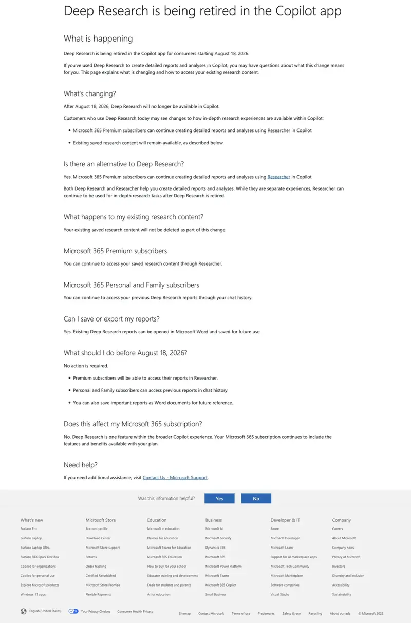 Microsoft’s official FAQ page confirming Deep Research retirement, the Researcher replacement, and that existing reports remain accessible