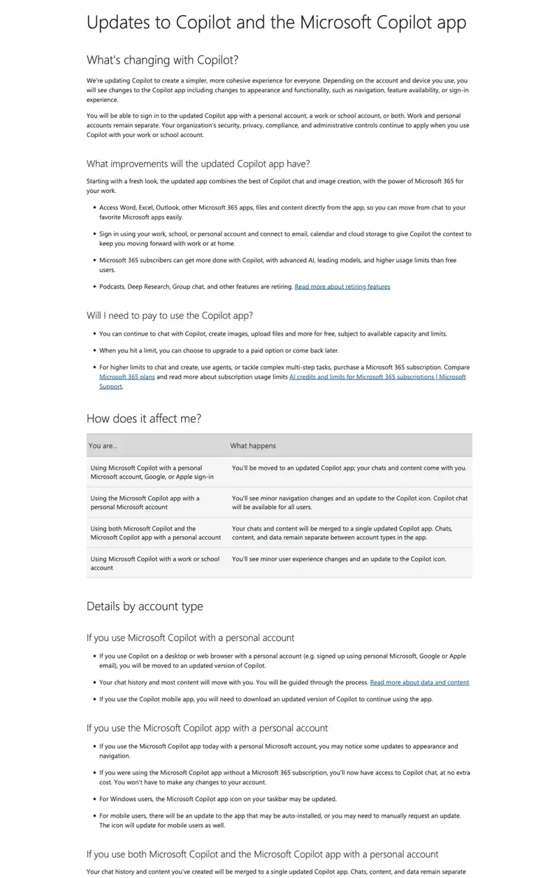 Microsoft’s own support page explaining what’s changing with Copilot, who is affected, and whether users need to pay