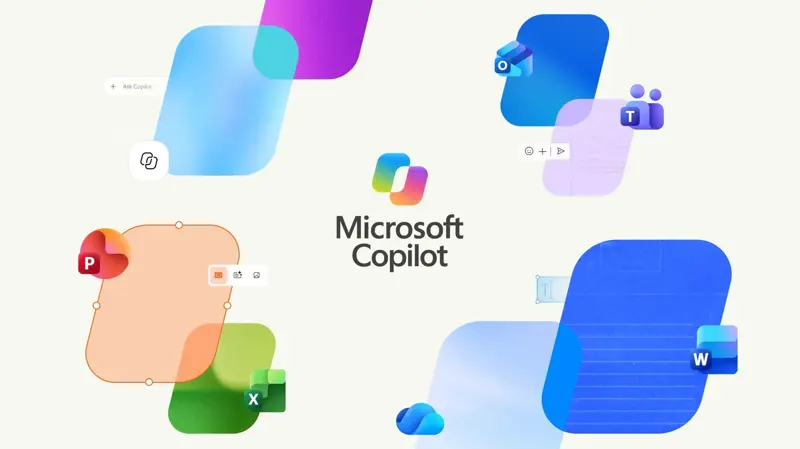 The new Microsoft Copilot logo and branding alongside Word, Excel, PowerPoint, Outlook, and Teams icons