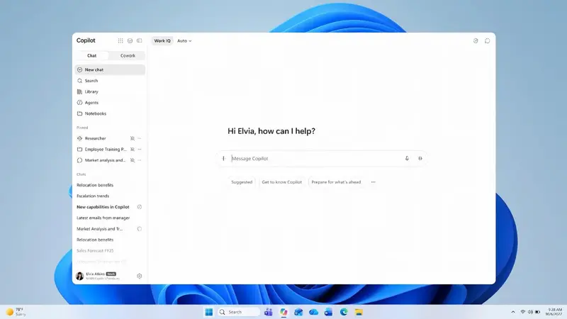 The redesigned unified Microsoft Copilot app, showing the account switcher with a “Work” label, pinned Researcher tool, and Chat/Cowork tabs